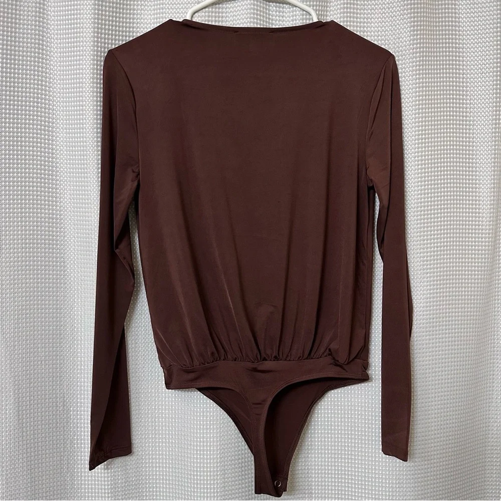 Express • Long-Sleeve Wrap Front Bodysuit • Chocolate Brown • Size XS - Picture 8 of 8